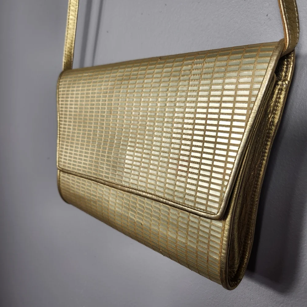 Charles Jourdan  Gold Leather Clutch Bag w/ Shoulder Strap Assymetric Flaws